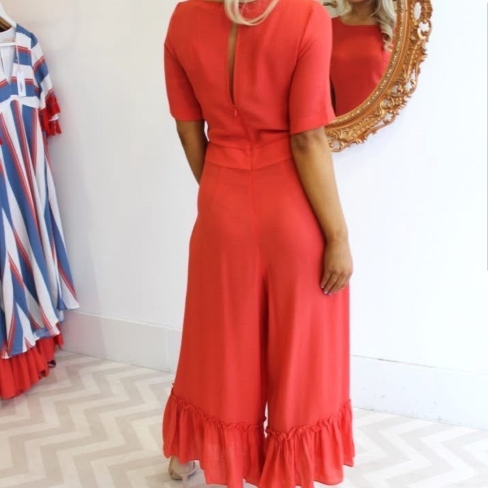 Traffic People Pink Red Wide Leg Short Sleeve Ruffle Ankle Jumpsuit M - Picture 2 of 6
